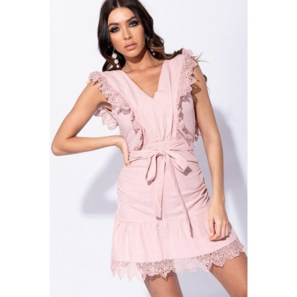 Pink Lace Trim Sleeveless V-Neck Open Back Backless Frill Hem Mini Dress - Picture 10 of 16